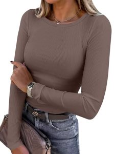 ANRABESS Women Long Sleeve Shirts Rib Knit Slim Fit Tops Basic Tee Spring Outfit