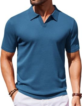 COOFANDY Mens Knit Polo Shirts V Neck Short Sleeve Stretch Polo T Shirt Casual G