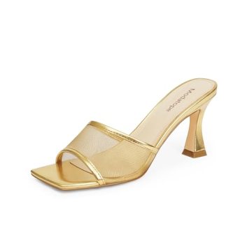 Womens Heeled Sandals Open Square Toe Gold Mesh Heels Proms Summer Slip On Sanda
