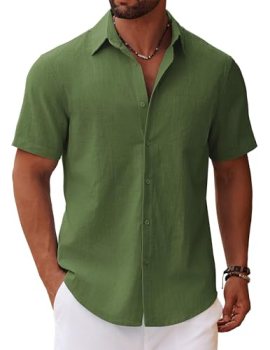 COOFANDY Men’s Button Up Shirt Short Sleeve Casual Vacation Shirt Cotton Linen B
