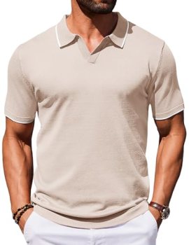 COOFANDY Mens Short Sleeve Polo Shirts Knitted Polo Shirts Retro Contrast Collar