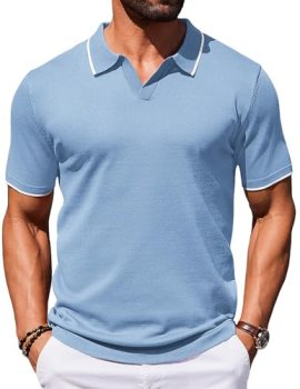 COOFANDY Mens Casual Polo Shirt V Neck Breathable Vacation Beach Shirt Crochet P