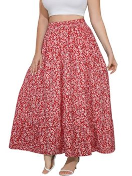 Younrui Plus Size Red Floral Long Maxi Skirt for Curvy Women Lightweight Casual