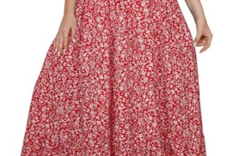 Younrui Plus Size Red Floral Long Maxi Skirt for Curvy Women Lightweight Casual