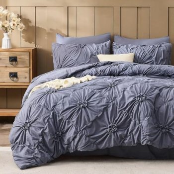 Jameswish Grey Comforter Set Queen Size Bed in A Bag 7 Piece Pinch Pleat Bedding