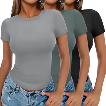 Ekouaer Women Short Sleeve Tops Trendy Summer Shirts Casual Basic Tees Black/Sag