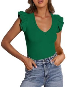 PRETTYGARDEN Womens V Neck Summer Tops Ruffle Sleeveless Slim Fit T Shirts Going