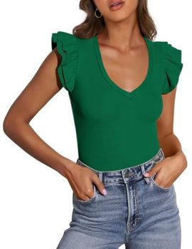 PRETTYGARDEN Womens V Neck Summer Tops Ruffle Sleeveless Slim Fit T Shirts Going