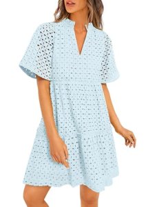 PRETTYGARDEN Eyelet Dresses for Women 2026 Summer Short Sleeve V Neck Hollow Out