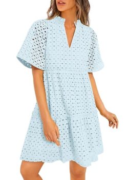 PRETTYGARDEN Eyelet Dresses for Women 2026 Summer Short Sleeve V Neck Hollow Out