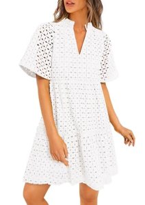PRETTYGARDEN Eyelet Dresses for Women 2026 Summer Short Sleeve V Neck Hollow Out
