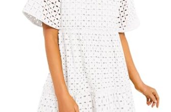 PRETTYGARDEN Eyelet Dresses for Women 2026 Summer Short Sleeve V Neck Hollow Out