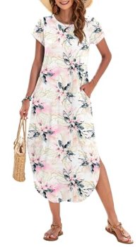 WNEEDU Wedding Guest Outfit Elegant Flowy Maxi Crew Neck Lightweight Comfortable