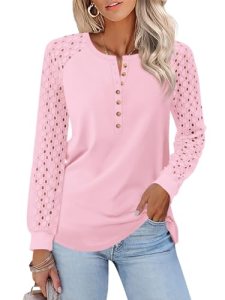 Minetom Women’s Lace Long Sleeve Tops Henley Shirts Casual Blouses T Shirts Fall