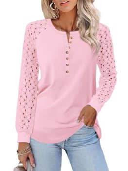 Minetom Women’s Lace Long Sleeve Tops Henley Shirts Casual Blouses T Shirts Fall