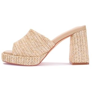 Monrovia Raffia Platform Heels for Women – Chunky Block Open Toe Woven Slides