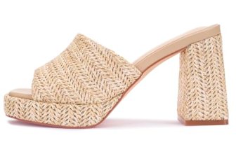 Monrovia Raffia Platform Heels for Women – Chunky Block Open Toe Woven Slides
