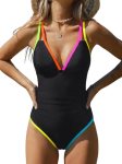 popvil Women’s One Piece 2026 Tummy Control Swimsuits Neon Color Block Swimwear