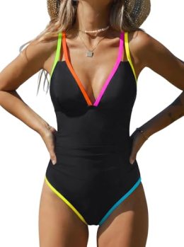 popvil Women’s One Piece 2026 Tummy Control Swimsuits Neon Color Block Swimwear