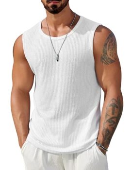 COOFANDY White Waffle Knit Sleeveless Shirt for Men Lightweight Breathable Tank