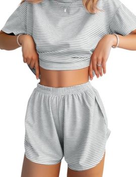 JUSTFASHIONNOW Pajama Shorts Set for Women Striped Print 2 Piece Short Sleeve Lo