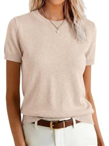 ANRABESS Womens Short Sleeve Sweaters Wool Blend Crew Neck Sweater Shirts Busine