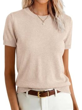 ANRABESS Womens Short Sleeve Sweaters Wool Blend Crew Neck Sweater Shirts Busine