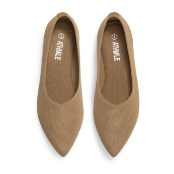 ATHMILE Pointed Toe Flats for Women Dressy Beige Work Shoes Business Casul Knit