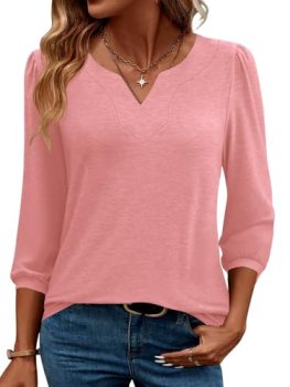 LUYAA Womens Blouses 3/4 Length Sleeve Dressy Casual V Neck Puff Sleeve Blouse L