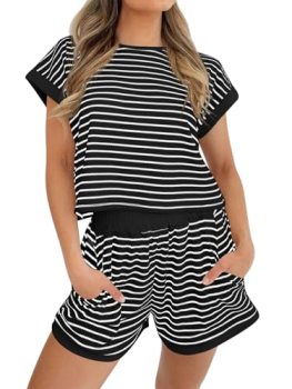 Tankaneo Womens Summer 2 Piece Sets Striped Short Sleeve T Shirts and Shorts Lou