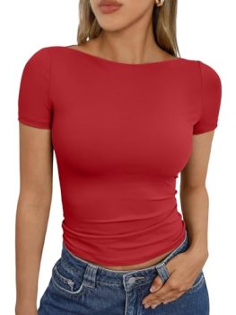 Trendy Queen Womens Boat Neck Short Sleeve T-Shirts Fitted Compression Summer Y2