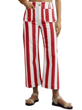 Tankaneo Womens Cropped Striped Jeans Casual High Waisted Stretchy Straight Leg