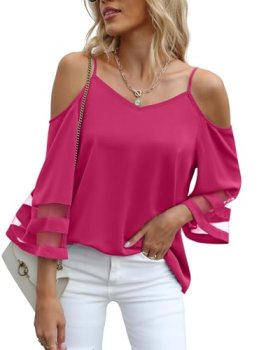 Jouica Womens Summer Sexy Cold Shoulder Tops Mesh Panel 3/4 Bell Sleeve Tees Loo