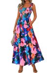 PRETTYGARDEN Womens Summer Dresses Floral Sleeveless Smocked Maxi Dress Boho Spa