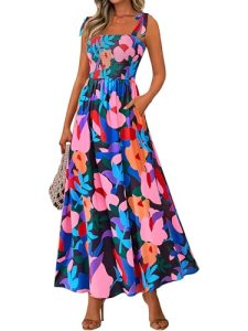 PRETTYGARDEN Womens Summer Dresses Floral Sleeveless Smocked Maxi Dress Boho Spa