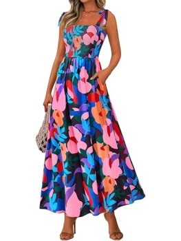 PRETTYGARDEN Womens Summer Dresses Floral Sleeveless Smocked Maxi Dress Boho Spa