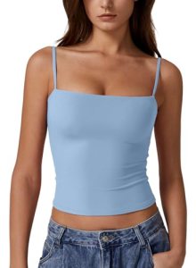 QINSEN Women’s Basic Solid Cami Undershirt Spaghetti Strap Double Layer Crop Tan