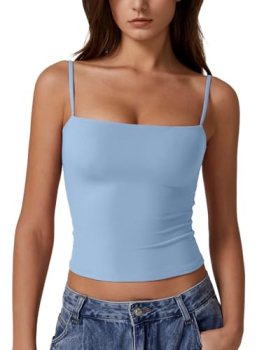 QINSEN Women’s Basic Solid Cami Undershirt Spaghetti Strap Double Layer Crop Tan
