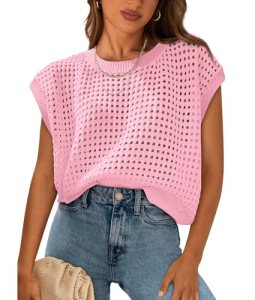 PRETTYGARDEN Womens Spring Tops 2026 Summer Shirts Crochet Cap Sleeve Sweater Pu