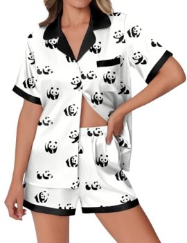 Ekouaer Womens Silk Satin Pajamas Set Animals Print Pjs Button Down Short Sleeve