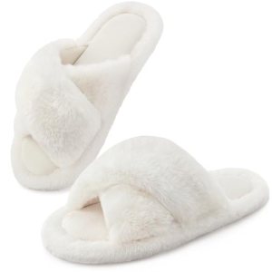 Snug Leaves Women’s Fluffy Cross band Open Toe Slippers with Indoor Outdoor Non