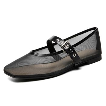 Rihero Mesh Flats for Women Black Ballet Flats Square Toe Ballerina Buckle Strap
