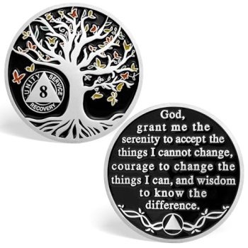 8 Year Sobriety Chips, Butterfly Tree of Life AA Coins Serenity Prayer Sobriety
