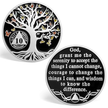10 Year Sobriety Chips, Butterfly Tree of Life AA Coins Serenity Prayer Sobriety
