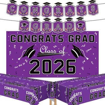 Graduation Decorations 2026 – Purple Congrats Grad Banner Backdrop Tablecloth Se
