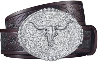 FIORETTO Western Cowboy Belts for Men Women Cowgirl Leather Belt Big Buckle Bull