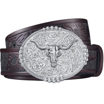 FIORETTO Western Cowboy Belts for Men Women Cowgirl Leather Belt Big Buckle Bull