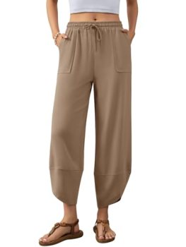 Jiflora Barrel Pants Women Harem Cotton Linen Pants Wide Leg Drawstring Elastic