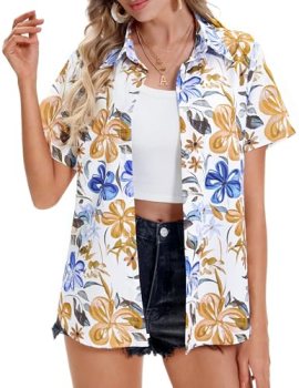 Hawaiian Shirts for Women, Summer Tropical Shirts Womens Floral Tops Beach Butto