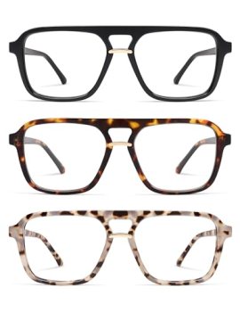 AMOMOMA 3 Pack Trendy Aviator Reading Glasses for Women Men Stylish Square Blue